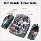 BOYATU Travel Makeup Bag Cosmetic Bags for Women: Large Capacity 3 Pcs Set Make up Bag with Compartments - Waterproof Vegan Leather Toiletry Organizer Bags with Handle (L06 Olive)