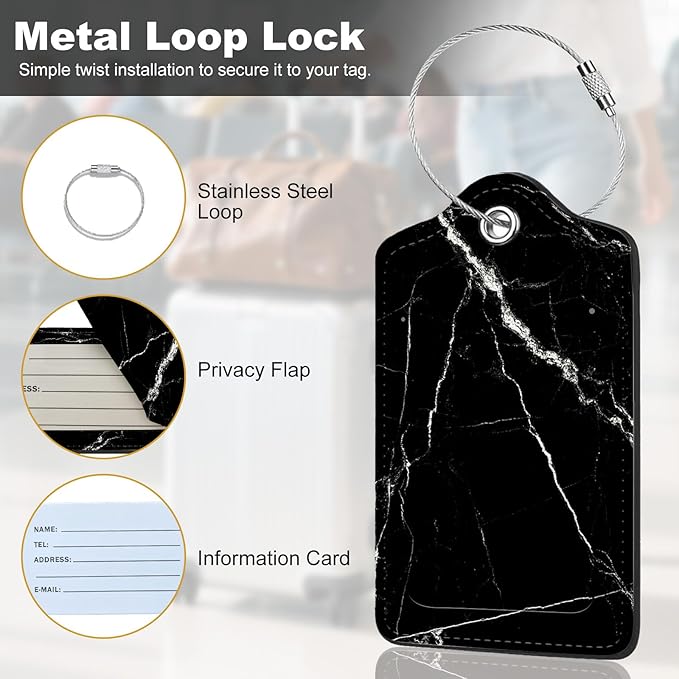 2Pack Luggage Tags for Suitcases, Cute Unique Pu Leather Cruise Luggage Tag with Privacy Cover ID Label Address Card and Metal Ring Suitable for Women Men Kids Travel Bag Black Marble Texture