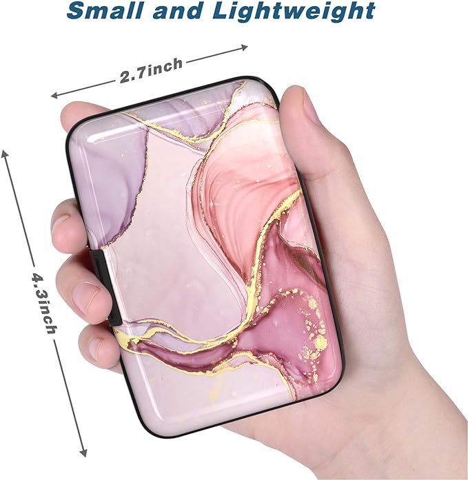 Credit Card Holder, Mini Aluminum Card Wallet RFID Blocking Slim Metal Hard Card Case for Women Men, Pink Marble