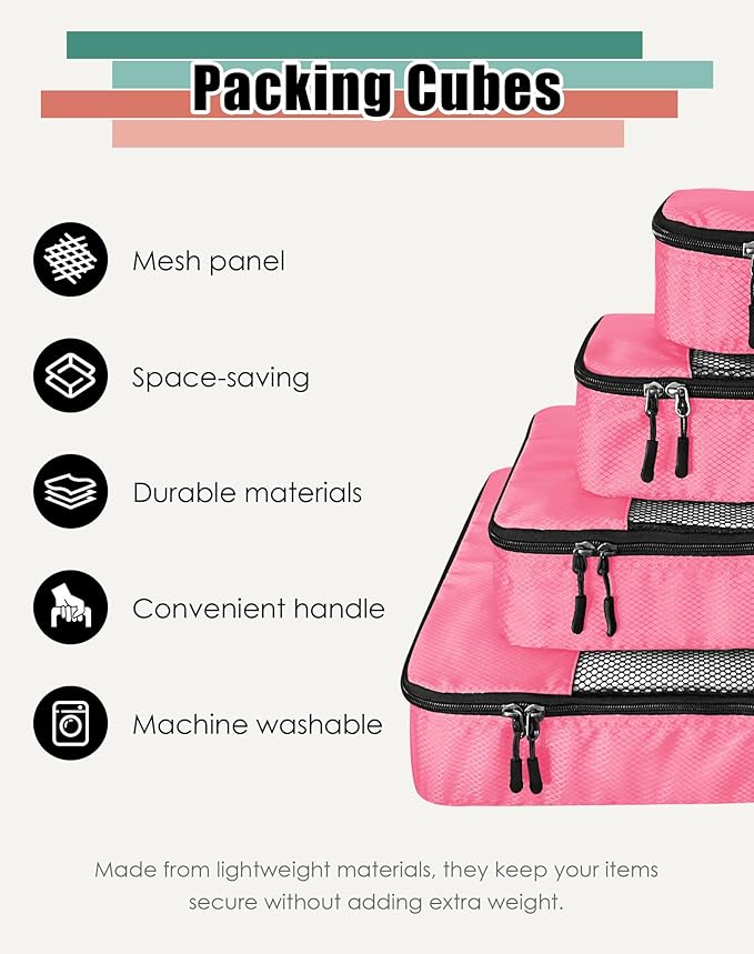 WTREE 4-Piece Packing Cubes Travel Accessories Set for Suitcases - Luggage Organizer Bags with Double Zipper - Mesh Top - Small/Medium/Large/Slim - Pink