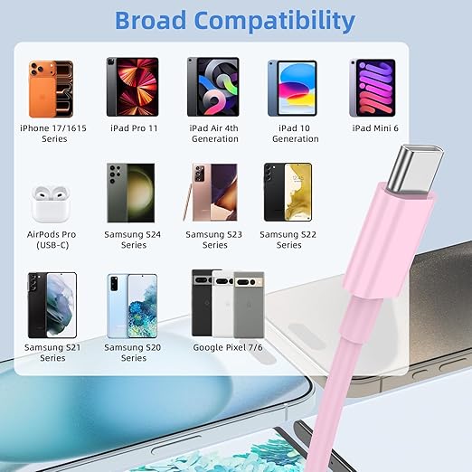 Car Carplay for iPhone 17 16 15 Charger Cord, 2Pack [3FT+6FT] USB A to USB C Charging Cable for Apple 17 Air/16 15 Pro/Pro Max/Plus Type C Cord, for iPad Pro 12.9/11, for Android(Pink)