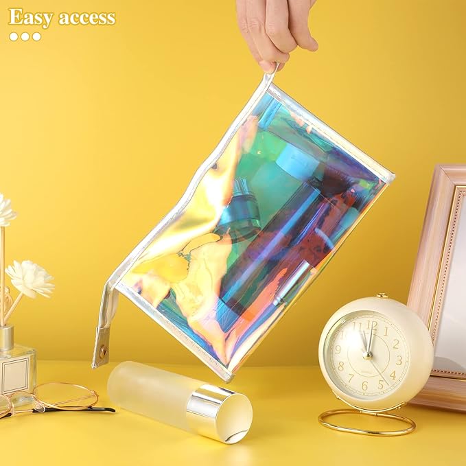 BESARME 10 Pcs Holographic Makeup Bags, Clear PVC Makeup Bag Iridescent Pouch Portable Zippered Toiletry Bag Waterproof Cosmetic Bags Bathroom Vacation Party Favors