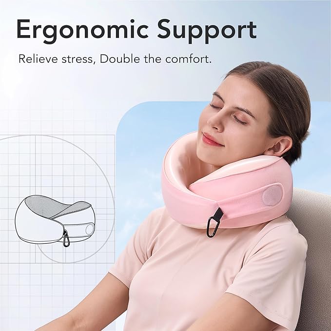 KPNEOL Travel Pillow, 100% Pure Memory Foam Travel Neck Pillow Airplane Neck Support Ergonomic Design for Traveling Suitable for Airplanes,Offices and Cars-Cooling Silk Light Pink