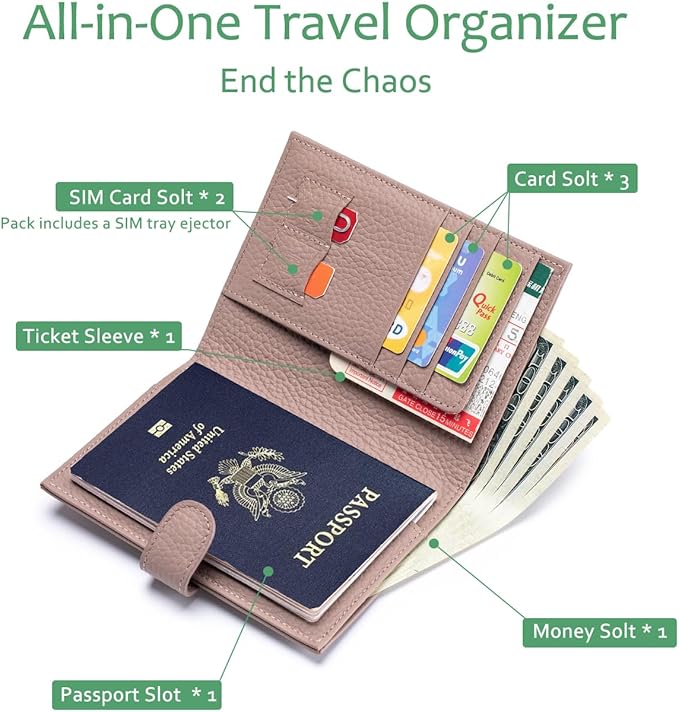RFID Blocking Passport Holder for Travel Women – Leather Passport Holder for Men with Card Slots, Coin Wallet & SIM Slot – Slim Genuine Leather Travel Organizer – Mauve Pink