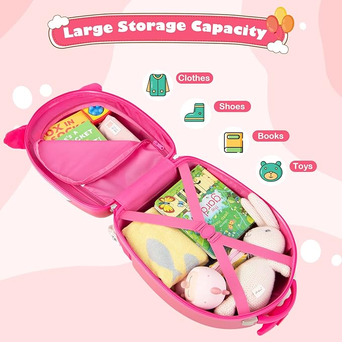 Olakids Kids Luggage, 16’’ Carry On Rolling Suitcase for Girls Boys with LED Flashing Spinner Wheels, Travel Trolley Hardside Case for Toddlers (Pink Pony)