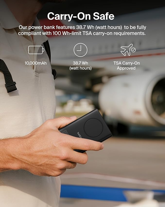 Belkin MagSafe Power Bank 10,000mAh, Qi2.2 25W Portable Charger w/Kickstand, Magnetic Back Supports MagSafe Accessories, Digital Display, Wireless Charging Battery Pack for iPhone 17, Pixel - Black