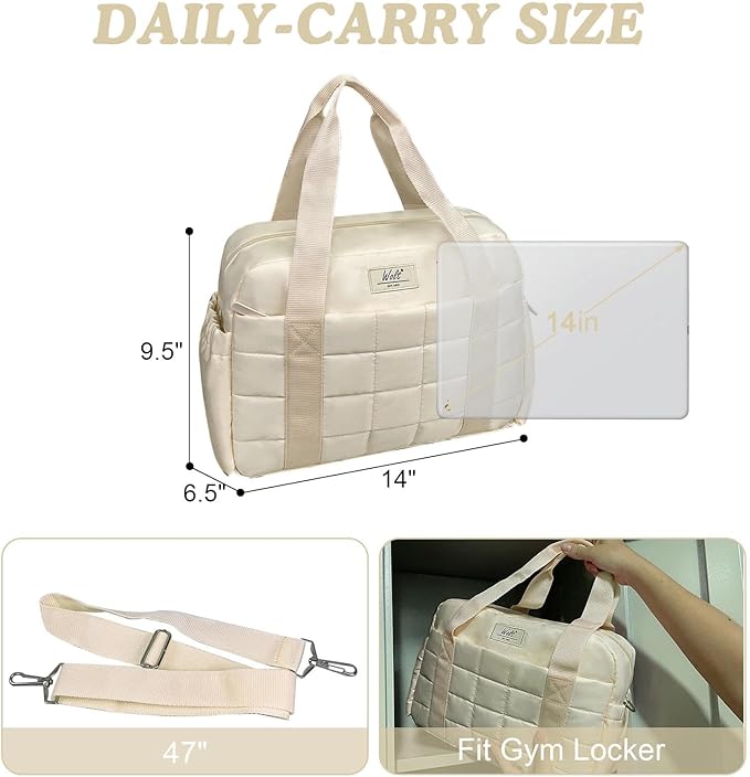 WOLT Small Gym Bag for Women, 14 inch Lightweight Gym Duffle Bag with Wet Compartment Quilted Tote for Sports Workout, Beige
