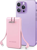 miisso Ultra Slim 10000mAh Power Bank Built-in Cables and Foldable AC Wall Plug, Pocket Size USB C Portable Charger, External Battery Pack Compatible with iPhone Samsung, Pink
