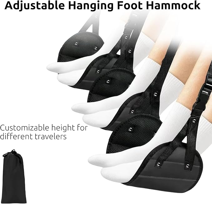 Airplane Foot Hammock for Plane Travel, Adjustable Footrest with 3 Height Positions, Soft Memory Foam Leg Support for Long Flights, Travel Foot Rest with Eye Mask & Earplugs