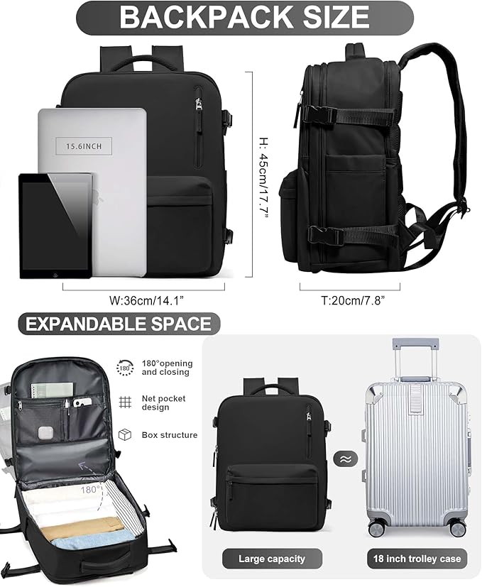 WONHOX Travel Backpack Women,Carry On Backpack Flight Approved 18x14x8 inches Bag Spirit Airlines Personal ltem,College Sports Hiking Rucksack Waterproof Casual Daypack Laptop Blackpack Men,Black
