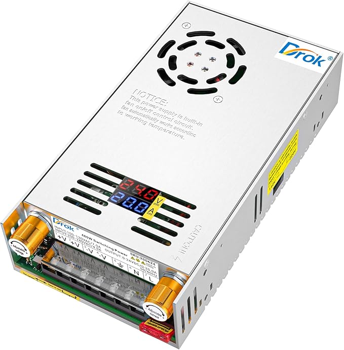 DROK 24V Power Supply, AC 110V/220V to DC 0-24V 0-20A 480W Buck Converter, Volt Amp Adjustable Adapter Regulated 5V 12V 24V Volt Switching Voltage LED Transformer Charger for Computer CCTV Lab