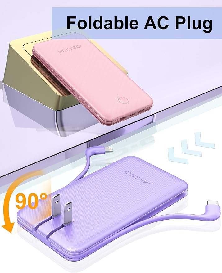 miisso Ultra Slim 10000mAh Power Bank Built-in Cables and Foldable AC Wall Plug, Pocket Size USB C Portable Charger, External Battery Pack Compatible with iPhone Samsung, Purple