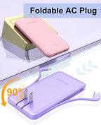 miisso Ultra Slim 10000mAh Power Bank Built-in Cables and Foldable AC Wall Plug, Pocket Size USB C Portable Charger, External Battery Pack Compatible with iPhone Samsung, Purple