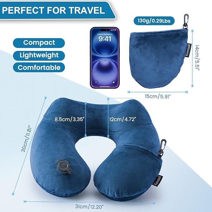 Keemall Inflatable Neck Pillow Airplane, Comfortable Inflatable Travel Neck Pillows for Airplanes Traveling on Plane, Soft Plush Cover Head Neck Rest Sleeping Long Flight for Car Train Office Home
