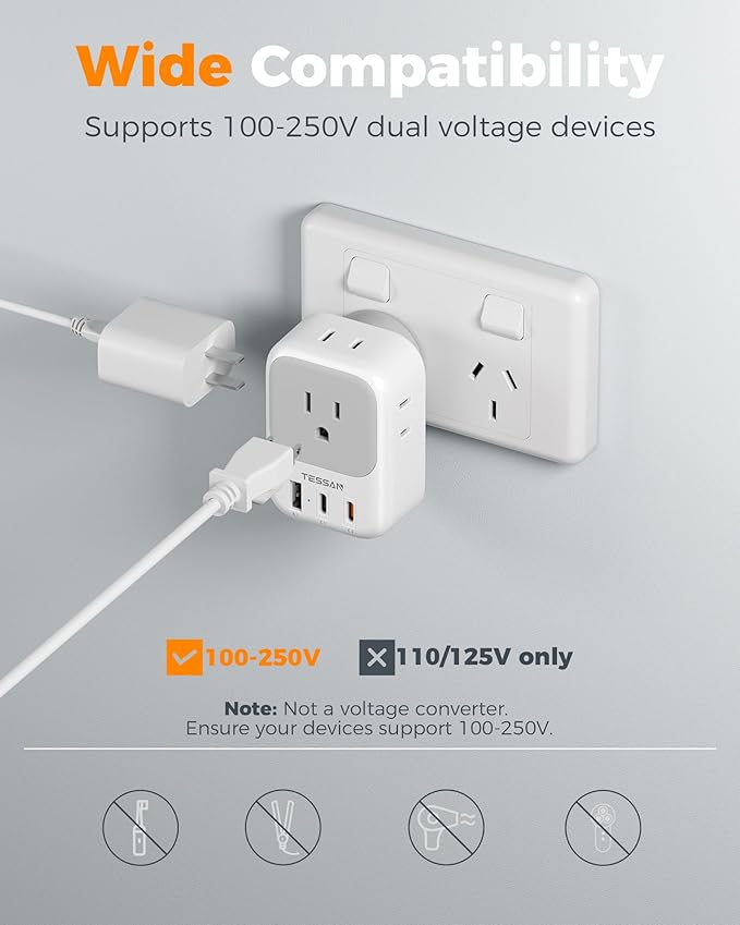 Australia Plug Adapter 2 Pack, TESSAN New Zealand Power Adapter with 4 Outlets 3 USB (2 USB-C), Type I Travel Adaptor for US to Australian Argentina China Fiji Samoa Tonga Kiribati