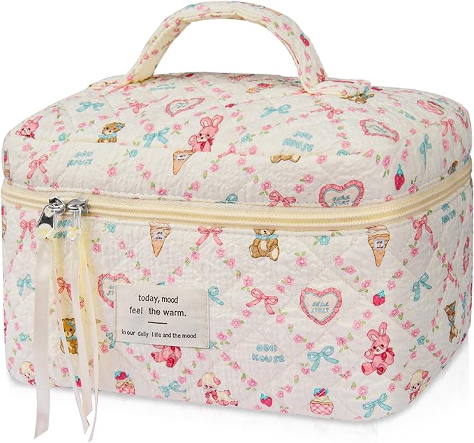 Gosect Large Makeup Bag, Cute Cosmetic Bag for Women Girls, Floral Coquette Aesthetic Toiletry Bag, Travel Make Up Organizer Bag(Love Bear