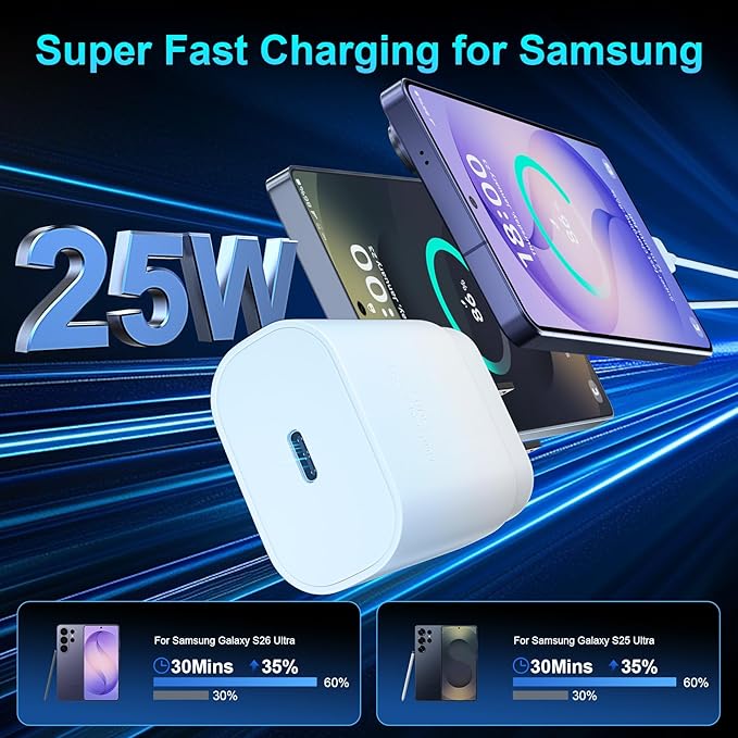Super Fast Charger Type C, 25W USB C Wall Charger Fast Charging for Samsung Galaxy S26 Ultra/S26/S26+/S25 Ultra/S25/24 Ultra/S24/S23 Ultra/S22 Ultra with 10FT Long Android Type C Charger Cable 2Pack