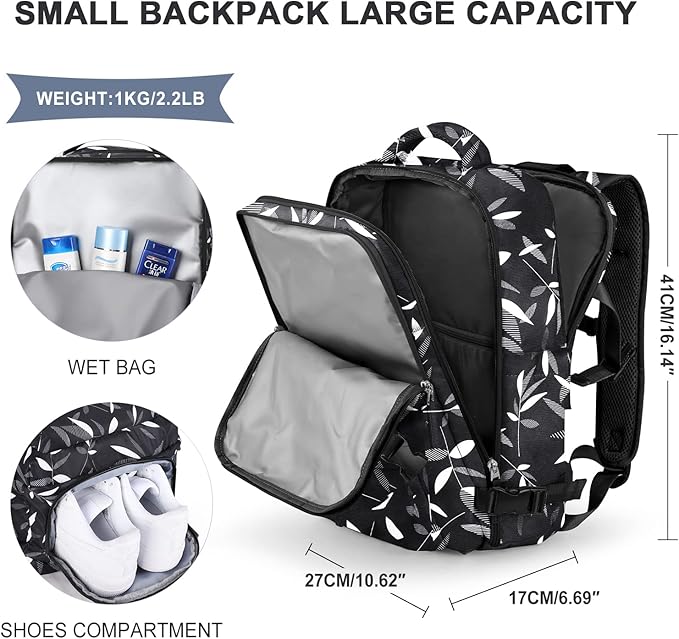 WONHOX Large Travel Backpack Women, Carry On Backpack,Hiking Backpack Waterproof Outdoor Sports Rucksack Casual Daypack Fit 14 Inch Laptop with USB Charging Port Shoes Compartment, Leaves Black