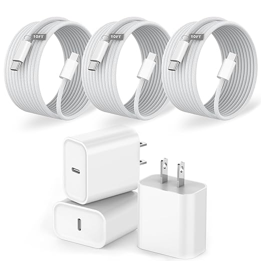 10FT iPhone Charger Fast Charging Cord, 20W Fast USB C Charger Block with 3 Pack 10 ft Extra Long Charging Cable for iPhone 17/17 Pro/17 Pro Max/Air/16 Pro Max/16 Plus/15 Pro Max/15 Plus,iPad Pro/Mini
