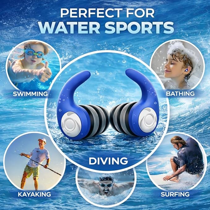 Swimming Ear Plugs for Adults with Lanyard, 3 Pairs Waterproof Reusable Soft Silicone Swim Earplugs for Pool, Surfing, Diving, Showering