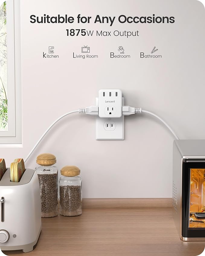 LENCENT 3 Prong to 2 Prong Adapter, 2 Pack, 3 Outlets Extender with 3 USB Ports, Wall Charger, Multi Plug Extender Splitter, Travel Adaptor for US to Japan Philippines-Type A