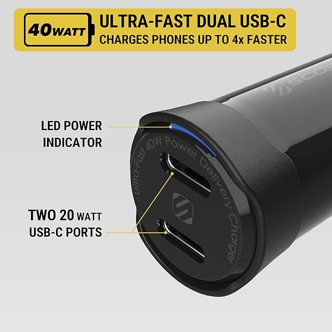 Scosche CPDCC40M PowerVolt 40W Certified Dual Port USB-C Car Charger, Flush Cigarette Lighter Adapter, Fast Charging Car Plug for 12V Power Outlet Compatible with iPhone, Galaxy and All USB-C Devices
