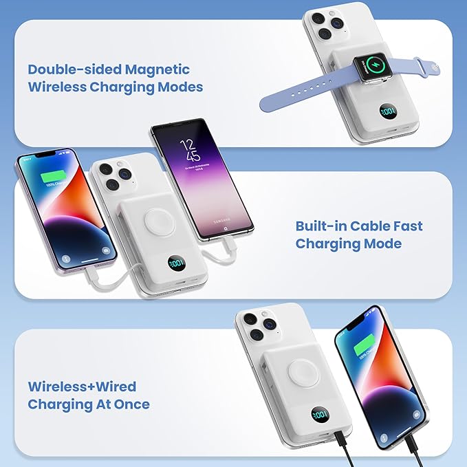 6 in 1 Magnetic Portable Charger for iPhone with Built-in Cables, 10800mAh 25W PD Fast Charging Power Bank, 6 Outputs Travel Essential Battery Pack for iPhone 17/16/15/14/13/12,Apple Watch (White)