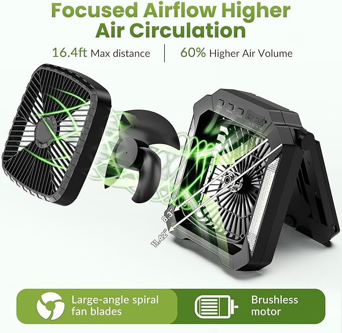 26800mAh Portable Fan Rechargeable with 18W Detachable Solar Panel, Quiet Battery Powered Camping Fan Cordless with LED Lantern,3 Speed,Timer,USB-C,for Bedroom Tent Home Office Desk Hurricane(Black)