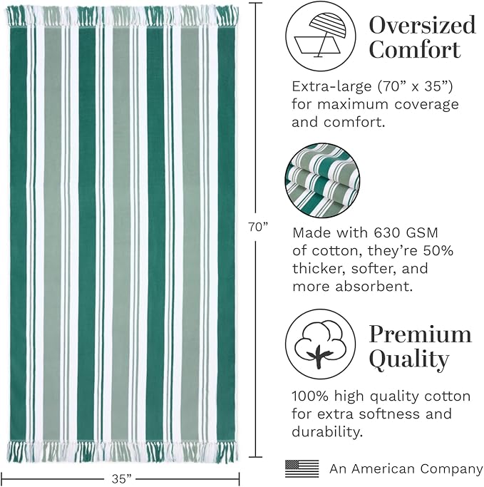 Laguna Beach Textile Co. Striped Cabana Beach Towel - Oversized, Plush 630 GSM Cotton - Palm Green
