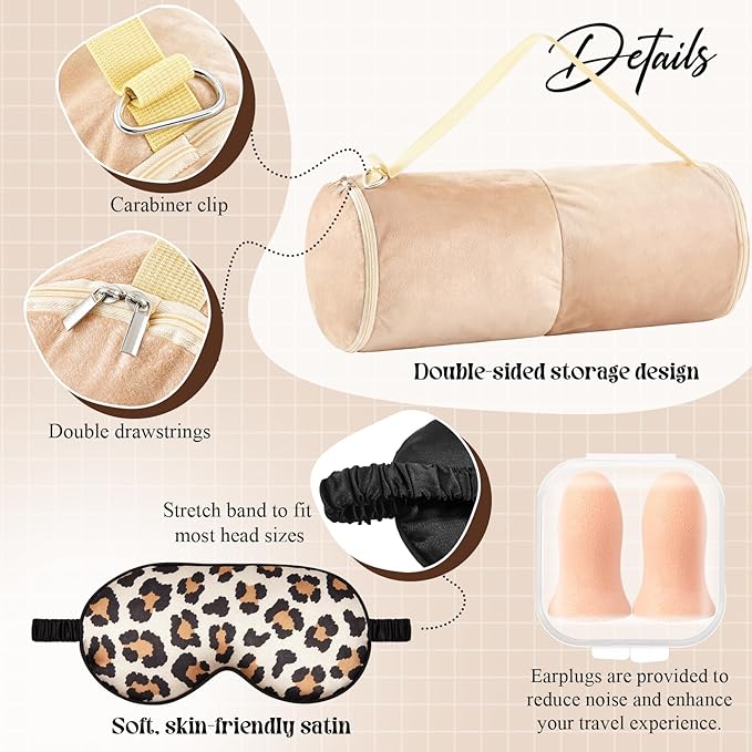 HunnmingRe 5 Pcs Travel Pillow and Blanket Set, 5 in 1 Travel Airplane Compact Includes 40 x 60 Inch Throw Blanket Eye Mask Neck Pillow Earplug and Bag Gifts for Travelers Women(Leopard Print,Brown)