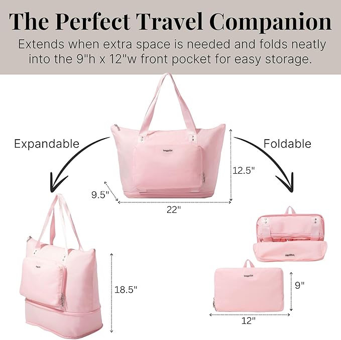 Baggallini Carryall Expandable Lightweight Travel Tote 22" Packable Folding Compact Nylon Washable Weekender w/Luggage Sleeve