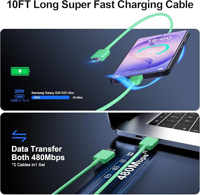 Super Fast Charger Type C, 25W USB C Wall Charger Fast Charging for Samsung Galaxy S26 Ultra/S26/S26+/S25 Ultra/S25/24 Ultra/S24/S23 Ultra/S22 Ultra with 10FT Long Android Type C Charger Cable 2Pack