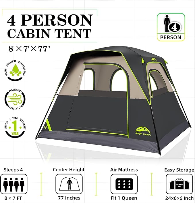 Happy Travel Tent 4 Person Tents for Camping, Waterproof Easy Setup Camping Tent with Top Rainfly, Portable Tall Cabin Tent with 4 Mesh Windows and Carry Bag for Outdoor Camping & Hiking