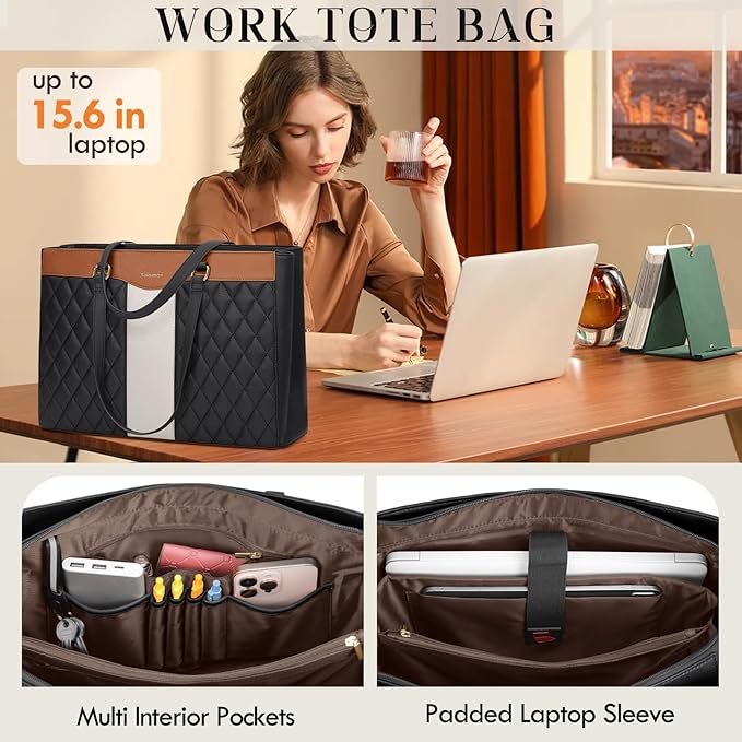 RAINSMORE Laptop Bag for Women 15.6 Inch Work Tote Bags Leather Laptop Tote Professional Laptop Purse Computer Handbag Womens Briefcase Tote with Clutch for Teacher Office Travel, Black Brown & White