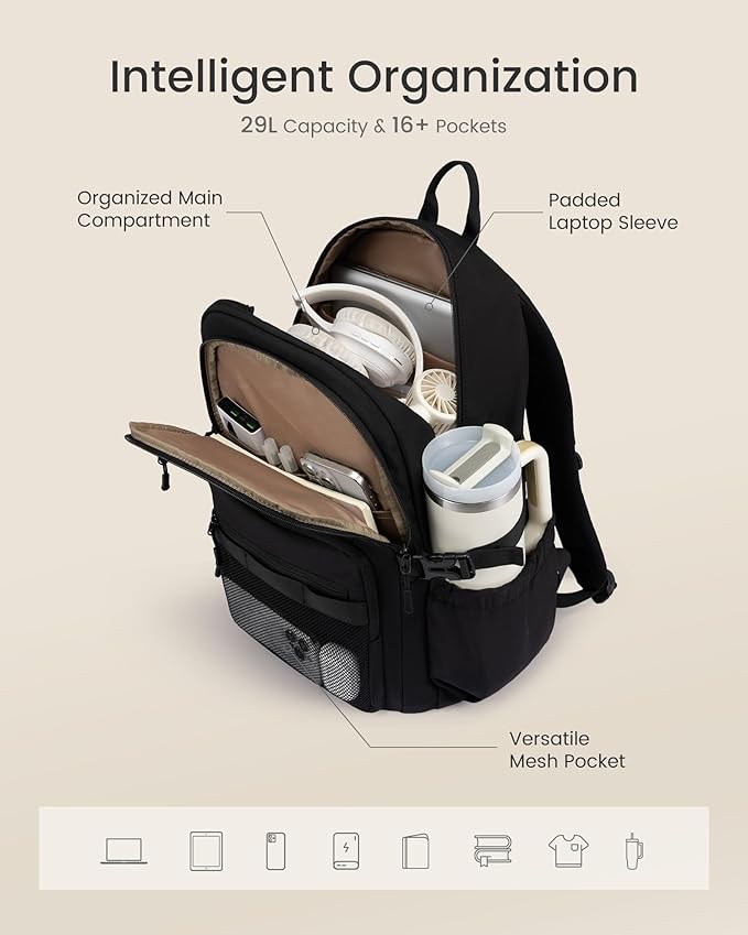 LOVEVOOK Laptop Backpack Women/Men with 40oz Cup Holder Buckle Strap, 15.6 Inch Tech-Ready Work Backpack, TSA-compliant for Travel & College with Versatile Mesh Pocket, Black