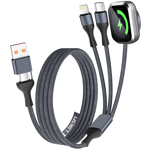 3 in 2 USB A/C Multi Charger Cable, Charging Cable for iWatch Charger/iPhone 17 Charger/IP, Braided Multiple Charger Cord Compatible with iPhone 17-11/iWatch Series 11-1/ultra/se/Car/Home 5FT