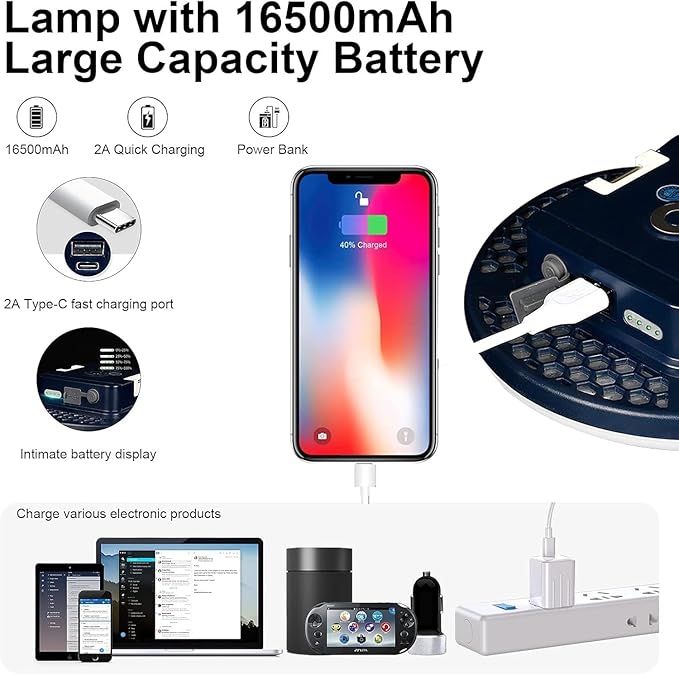 IODOO 16500mAh 3000LM 3000K 6000K Flashlight Portable LED Camping Lantern Rechargeable Light 60W with Magnet IP65 Waterproof Tent Light Power Failure