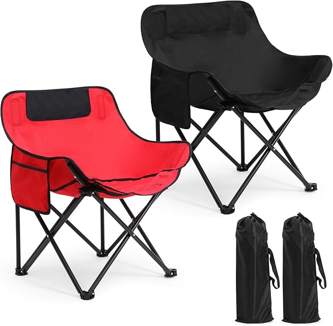 2 Pack Compact Camping Chairs Portable Folding for Outside with Carry Bag Lightweight Moon Chairs for Travel Picnic Hiking Beach Fishing, 600D Oxford, Supports 330lbs(Red, Black)
