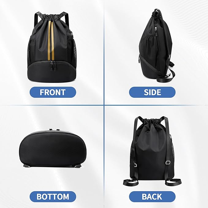 JELUTAR Drawstring Backpack Gym Bag with Shoes Compartment for Soccer, Basketball, Swim, Water-Resistant String Backpack Beach Cinch for Women Men, Black Gold