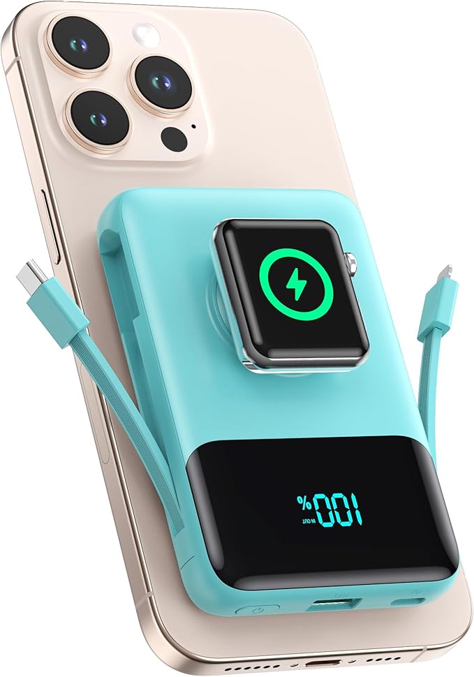 Magnetic Portable Charger for iPhone with Built-in Cable,10800mAh Wireless Power Bank for Magsafe Travel Essential,6-in-1 25W PD Fast Charging USB C Battery Pack for iPhone 17/16/15/14/13, Apple Watch