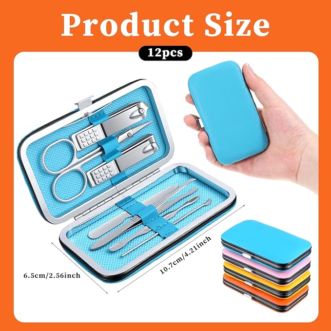 12 Set Bulk Manicure Kit Nail Set Stainless Steel Pedicure Professional Nail Care Kit with Stainless Steel Tools Portable Grooming with Travel Case, Gift for Men Women (4 color,8 in 1)