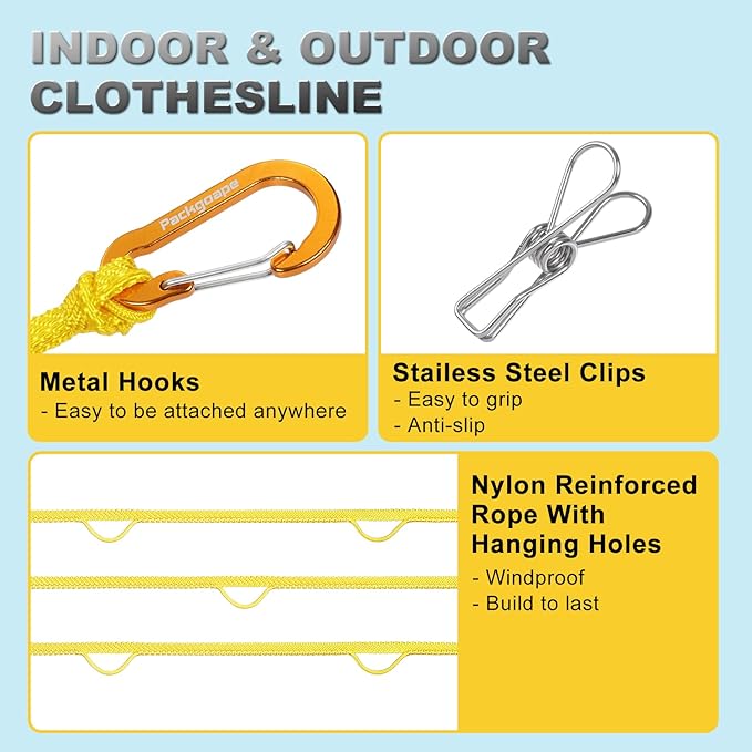 Portable Travel Clothesline, Windproof Clothes Laundry Line with Clothespins & Hang Holes, Indoor & Outdoor Clothes Drying Rope for Hotel, Backyard,Cruise Ships, Camping (Yellow, 20 Ft)