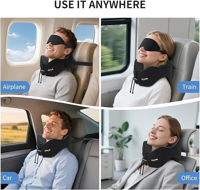 Novelty Patented Head-bobble-preventing Ergonomic 360° Supporting Memory Foam Travel Neck Pillow w/ 3D Contoured Eye Mask Sleeping Essentials Combo for Airplane Long Flight Train Bus Car Trip