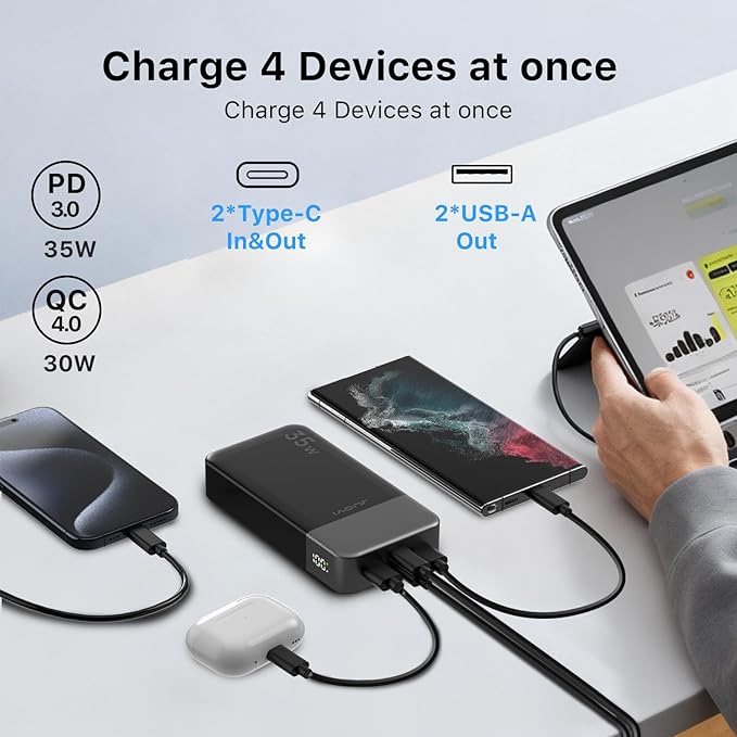 JUOVI Power Bank Portable Charger 20000mAh 35W Fast Charging，PD 3.0 QC 4.0 Fast Charging Phone Charger with LED Display, Travel Battery Pack 2 USB C 2 USB A Ports for iPhone 16/15/14 Series, Galaxy