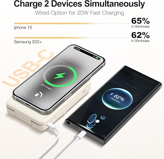 5-in-1 Magnetic Wireless Power Bank, 5000mAh Portable Charger with LED Mirror, Phone Stand, Card Holder & Bluetooth Remote, 20W Fast Charging for iPhone & Android, Travel Essential for Women, Khaki