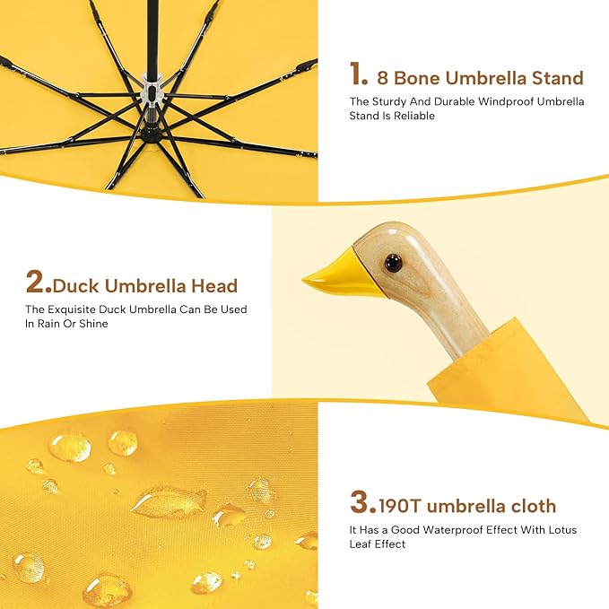 Compact Small Umbrellas for Rain&Sun, Cute Design Duck Head Umbrella for Girls Gifts, 8 Ribs Folding Umbrella with Wooden Handle