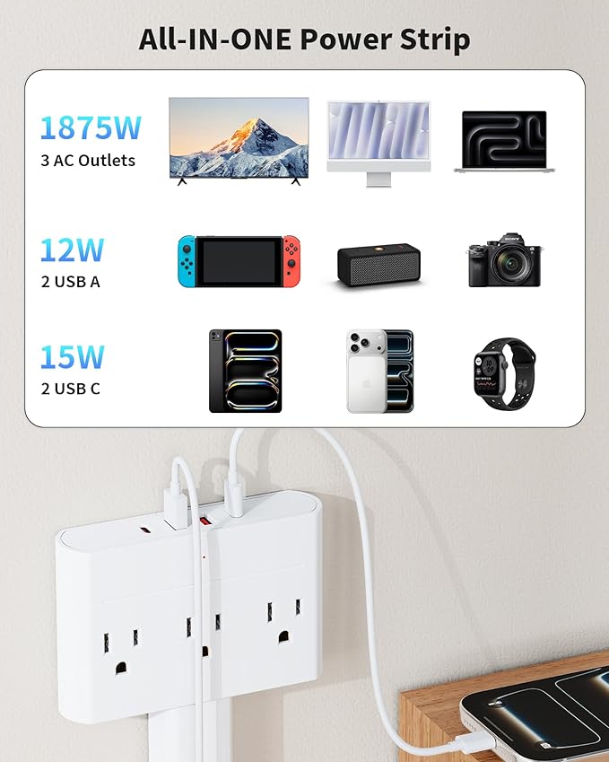 Outlet Extender Stick with 360° Swivel, Wall Plug Power Socket with 3 Outlets & 4 USB Ports(2 USB C), Extends 16"-26", Access Hard-to-Reach Outlets, Use Behind Couches, Nightstands, Desks, and More