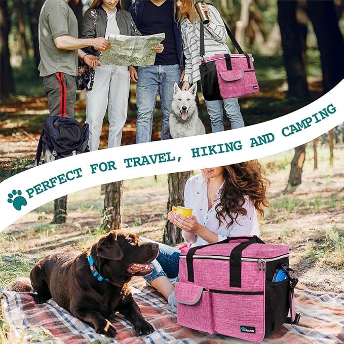 PetAmi Dog Travel Bag, Travel Pet Bag Organizer, Dog Food Travel Bag with Container Collapsible Bowls, Pet Travel Supplies Gift Accessories for Weekend Camping, Puppy Cat Diaper Bag, Pink Medium
