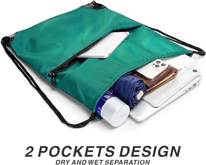 Drawstring Backpack Sports Water Resistant String Bag Sport Gym Sackpack for Women Men Students Large Size with Zipper, Teal