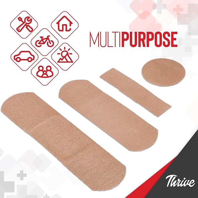 Thrive Fabric Adhesive Bandages Variety Pack - Zipper Pouch for Travel First Aid Kit - Waterproof & Latex-Free for Camping First Aid Kit - Multi-Size Strips for Medkit - Pack of 305, Red